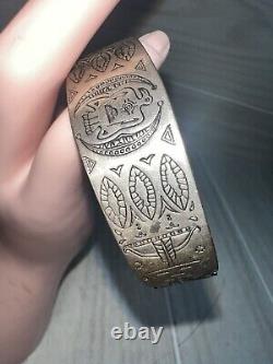 Vtg Fred Harvey Navajo Coin Silver Thunderbird Stamped Kachina Cuff Bracelet