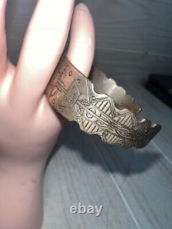 Vtg Fred Harvey Navajo Coin Silver Thunderbird Stamped Kachina Cuff Bracelet