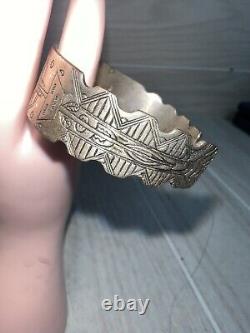 Vtg Fred Harvey Navajo Coin Silver Thunderbird Stamped Kachina Cuff Bracelet