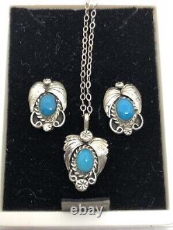 Vtg Handmade Navajo Sterling Silver 925 Turquoise Necklace and Earring Set
