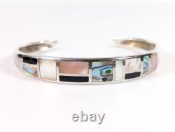 Vtg LT Native American Style Inlay Sterling Silver Cuff Bracelet 6.5 READ