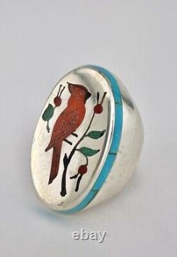 Vtg Larry Watchman Navajo Cardinal Sterling Silver Flush Turquoise Coral Ring