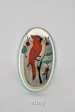 Vtg Larry Watchman Navajo Cardinal Sterling Silver Flush Turquoise Coral Ring