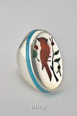 Vtg Larry Watchman Navajo Cardinal Sterling Silver Flush Turquoise Coral Ring