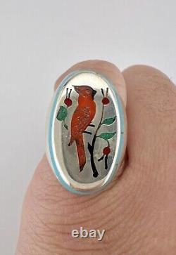 Vtg Larry Watchman Navajo Cardinal Sterling Silver Flush Turquoise Coral Ring
