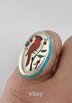 Vtg Larry Watchman Navajo Cardinal Sterling Silver Flush Turquoise Coral Ring
