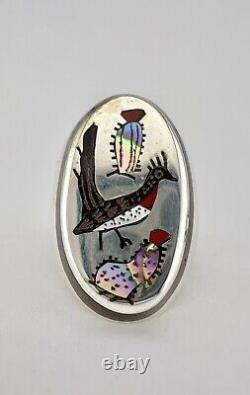 Vtg Larry Watchman Navajo Sterling Silver Flush Multi Gemstone Roadrunner Ring