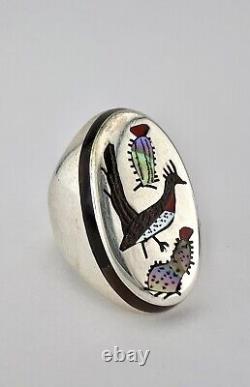 Vtg Larry Watchman Navajo Sterling Silver Flush Multi Gemstone Roadrunner Ring