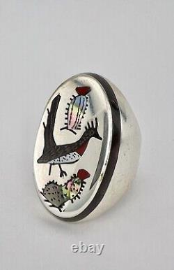 Vtg Larry Watchman Navajo Sterling Silver Flush Multi Gemstone Roadrunner Ring