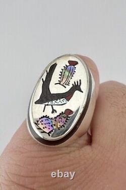 Vtg Larry Watchman Navajo Sterling Silver Flush Multi Gemstone Roadrunner Ring