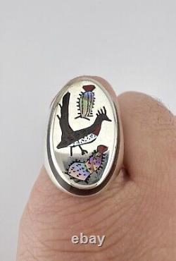 Vtg Larry Watchman Navajo Sterling Silver Flush Multi Gemstone Roadrunner Ring