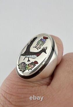 Vtg Larry Watchman Navajo Sterling Silver Flush Multi Gemstone Roadrunner Ring