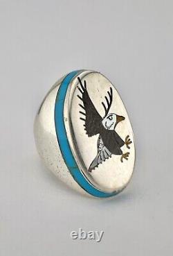 Vtg Larry Watchman Navajo Sterling Silver Flush Turquoise Flying Eagle Ring