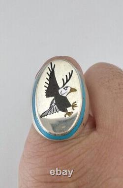 Vtg Larry Watchman Navajo Sterling Silver Flush Turquoise Flying Eagle Ring