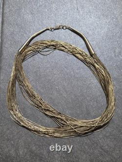 Vtg NATIVE AMERICAN Liquid Sterling Silver 27 Strand Beaded Necklace 40g 30
