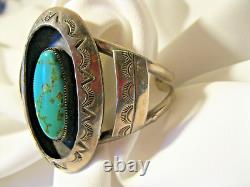 Vtg Nat Amer Turquoise Signed Hand-stamped Shadowbox Cuff Bracelet Classic