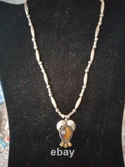 Vtg. Native American Handmade Sterling Silver Tigers Eye Pendent Necklace! 18