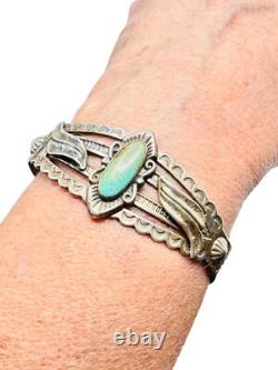 Vtg Native American Harvey Era Sterling Silver Turquoise Cuff Bracelet Signed