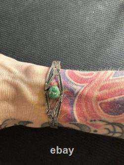 Vtg Native American Navajo Sterling Silver 925 Double Arrow Turquoise Cuff, 5.5