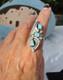 Vtg Native American Navajo long ring sterling silver carved turquoise 7 signed