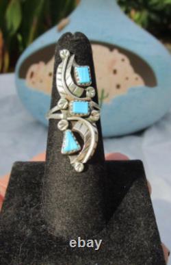 Vtg Native American Navajo long ring sterling silver carved turquoise 7 signed