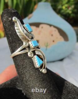 Vtg Native American Navajo long ring sterling silver carved turquoise 7 signed