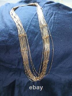 Vtg Native American Necklace Sterling Liquid Silver & Vermeil 16 strand. 28 long