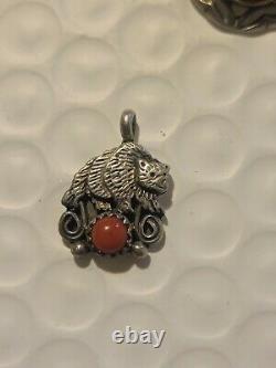 Vtg Native American STERLING Silver Coral Pendant Signed B J & other jewelry A5