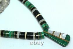 Vtg Native American Santo Domingo Malachite Onyx Mop Heishi Brass Necklace Fns