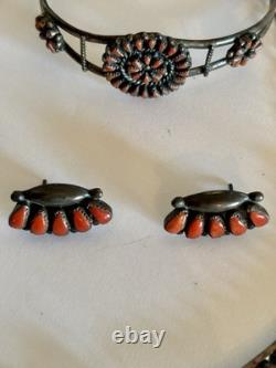 Vtg Native American Sterling & Coral Zuni Signed Necklace, Bracelet & Earrings