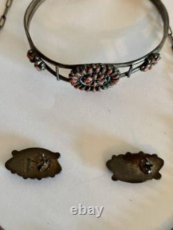 Vtg Native American Sterling & Coral Zuni Signed Necklace, Bracelet & Earrings