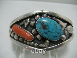 Vtg Native American Sterling TURQUOISE CORAL Cuff BRACELET Phil Tso NAVAJO 66.5g