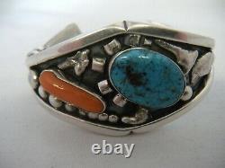 Vtg Native American Sterling TURQUOISE CORAL Cuff BRACELET Phil Tso NAVAJO 66.5g