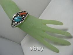 Vtg Native American Sterling TURQUOISE CORAL Cuff BRACELET Phil Tso NAVAJO 66.5g