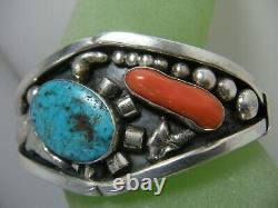 Vtg Native American Sterling TURQUOISE CORAL Cuff BRACELET Phil Tso NAVAJO 66.5g