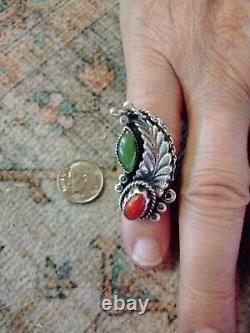 Vtg Native American Sterling Turquoise and Coral Ring Size6.75 Solid 13 Grams