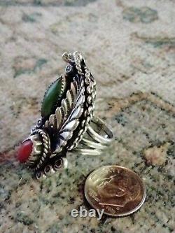 Vtg Native American Sterling Turquoise and Coral Ring Size6.75 Solid 13 Grams