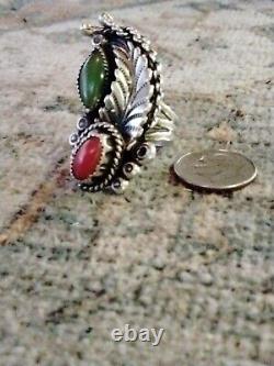 Vtg Native American Sterling Turquoise and Coral Ring Size6.75 Solid 13 Grams