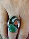 Vtg Native American Sterling Turquoise and Coral Ring Size 11 Solid 17+ Grams