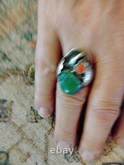 Vtg Native American Sterling Turquoise and Coral Ring Size 11 Solid 17+ Grams