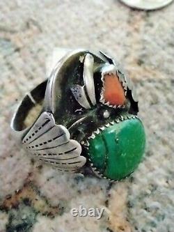 Vtg Native American Sterling Turquoise and Coral Ring Size 11 Solid 17+ Grams