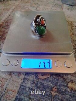 Vtg Native American Sterling Turquoise and Coral Ring Size 11 Solid 17+ Grams