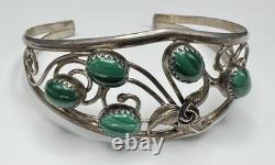 Vtg Native American Style Sterling Silver Malachite Cuff Bracelet Floral 6.25