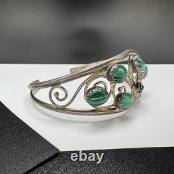 Vtg Native American Style Sterling Silver Malachite Cuff Bracelet Floral 6.25