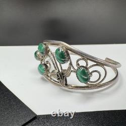Vtg Native American Style Sterling Silver Malachite Cuff Bracelet Floral 6.25