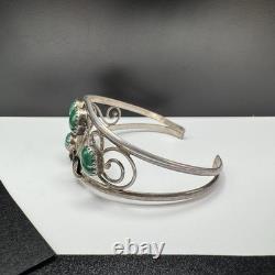 Vtg Native American Style Sterling Silver Malachite Cuff Bracelet Floral 6.25