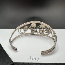 Vtg Native American Style Sterling Silver Malachite Cuff Bracelet Floral 6.25