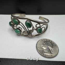 Vtg Native American Style Sterling Silver Malachite Cuff Bracelet Floral 6.25