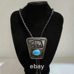 Vtg Native Made/Signed'Jodi' Sterling Silver and Turquoise Bear Bolo 44 Inch