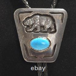 Vtg Native Made/Signed'Jodi' Sterling Silver and Turquoise Bear Bolo 44 Inch